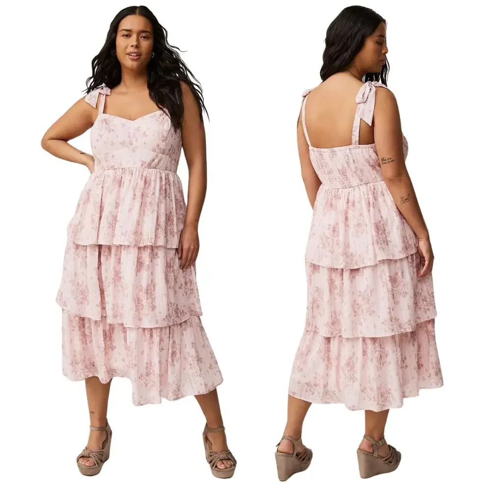 Torrid Dress Womens 3X Pink Tiered Floral Midi Whimsical Fairy Coquette Garden - Picture 1 of 11